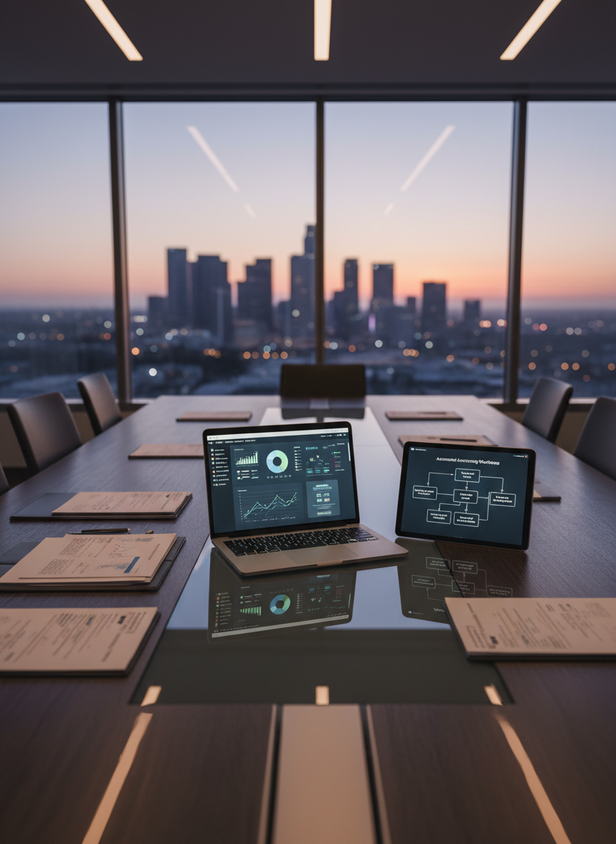 A sleek, glass-walled conference table covered with neatly arranged financial documents, a high-end laptop displaying a clean AI-driven dashboard of tax analytics, and a tablet showing a flowchart of automated accounting workflows. The surface is a dark, matte wood with subtle grain, reflecting small highlights from recessed ceiling lights. Beyond the table, floor-to-ceiling windows reveal a soft-focus Orange, California skyline at dusk. The lighting is a balanced mix of cool daylight and warm interior glow, creating a professional, future-ready atmosphere. Photographic realism, shot at eye level with a shallow depth of field, emphasizing the glowing screens and crisp paper textures while the cityscape remains gently blurred in the background.