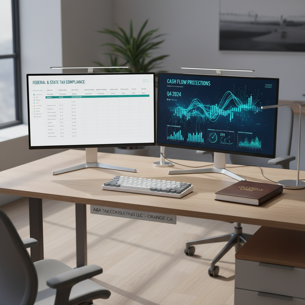 A minimalist, ultra-organized workstation featuring a dual-monitor setup with one screen displaying federal and state tax compliance timelines and the other showcasing an AI algorithm visualizing cash flow projections. Below, a compact mechanical keyboard and a closed leather-bound tax code book rest on a light oak desk. A small, discreet plaque reads “A&A Tax Consulting LLC – Orange, CA”. Soft, indirect daylight from a large unseen window casts gentle shadows, balanced by cool white task lighting that defines edges and metallic accents. Photographic realism with a slightly elevated angle and sharp focus, conveying clarity, precision, and technological sophistication in a clean, modern office environment.