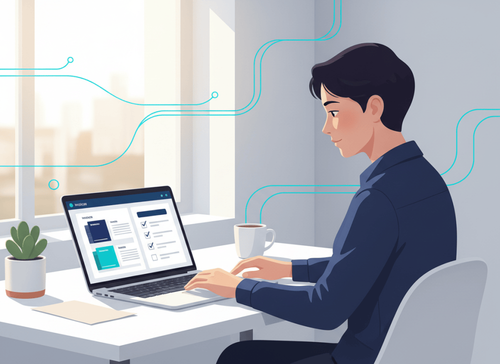 An accountant reviews AI-assisted bookkeeping work on a laptop with invoices and a checklist nearby.