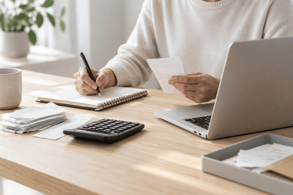 A person reviews a receipt and writes in a notebook beside a laptop, calculator, and neatly stacked paperwork.