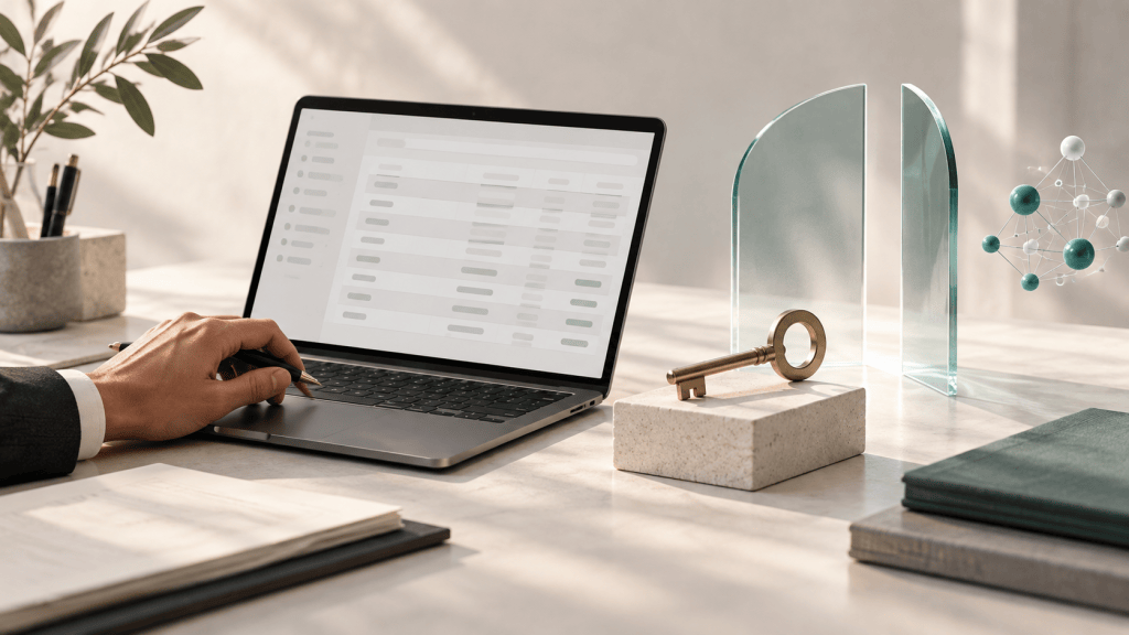 Conceptual illustration of a hand beside a laptop with blank ledger rows, a key, glass panels, and connected nodes.