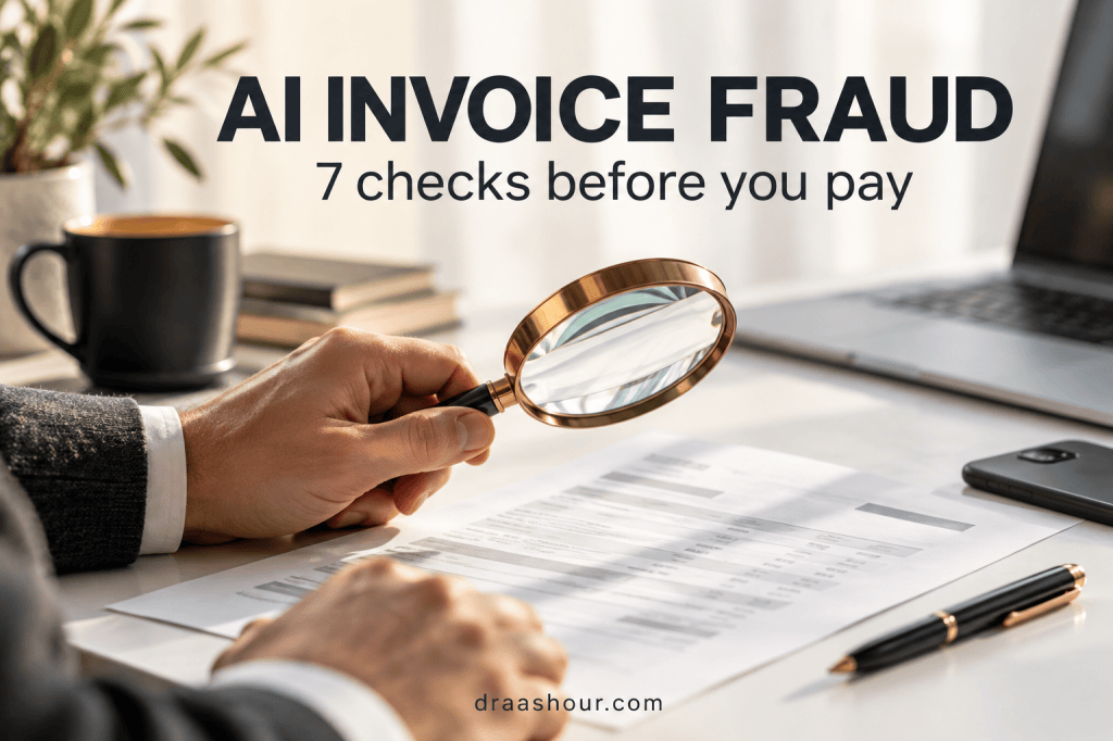 Hands holding a magnifying glass above an invoice beside a laptop, with the headline AI Invoice Fraud and subtitle 7 checks before you pay.