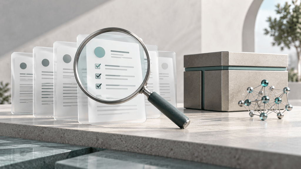 Editorial illustration of a magnifying glass reviewing translucent vendor documents beside a secure box and an abstract AI network.