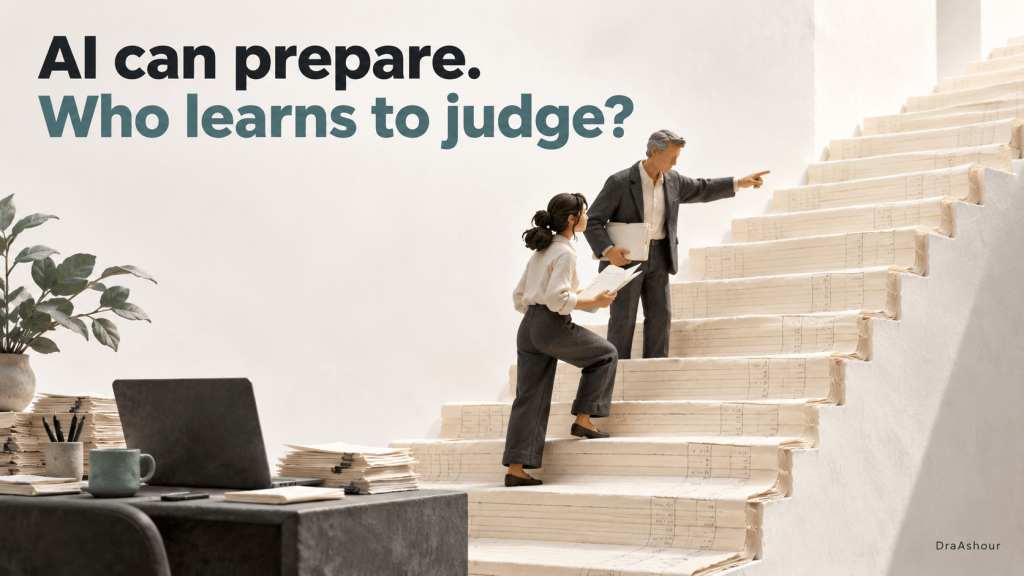 Illustration of a junior accountant and mentor on a staircase made of papers, with the words AI can prepare. Who learns to judge?