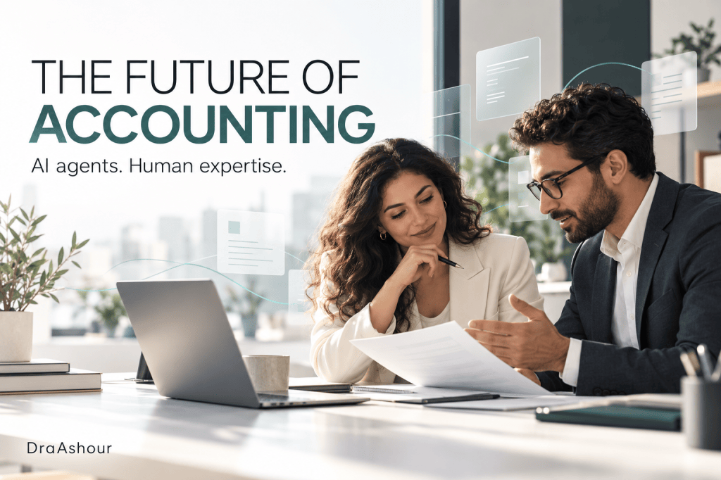 Conceptual illustration of two accounting professionals reviewing documents beside a laptop and floating document shapes, with the words The Future of Accounting: AI agents. Human expertise.