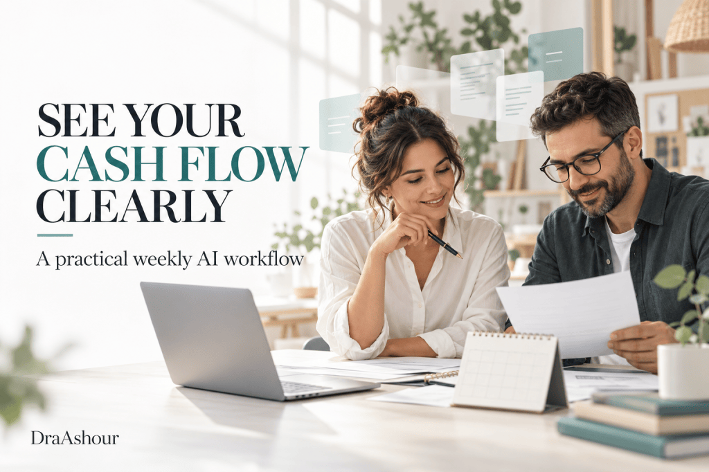Conceptual illustration of a business owner and bookkeeper reviewing documents beside a laptop and calendar, with the words See Your Cash Flow Clearly.