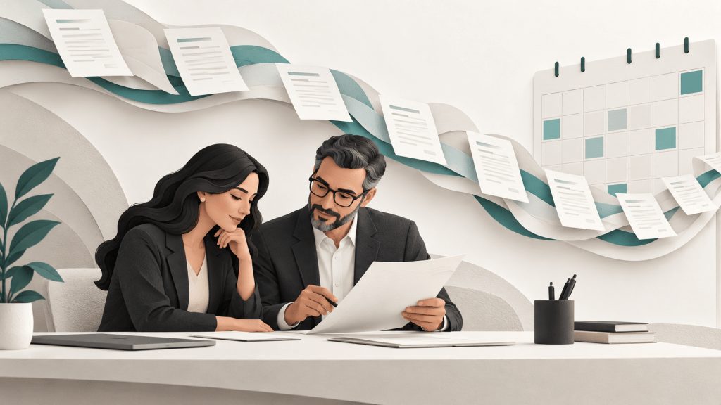 Illustration of two accounting professionals reviewing a document beneath flowing papers and a calendar.