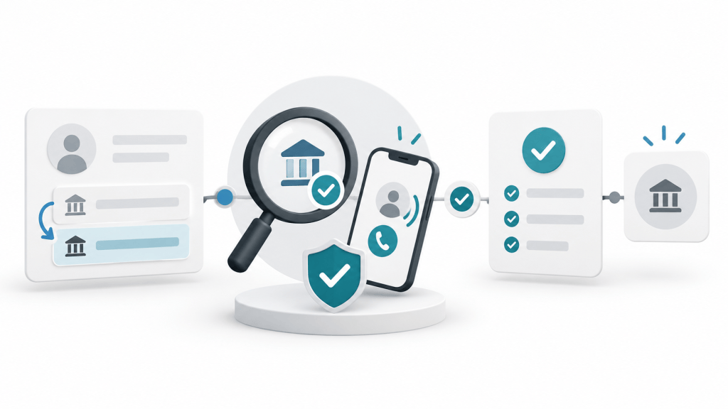Editorial illustration of supplier bank details moving through independent phone verification, approval checks, and a secure payment workflow.